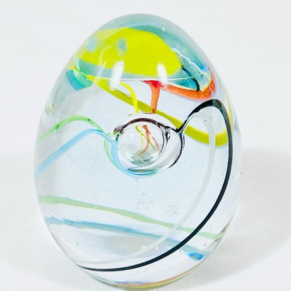 Egg Swirling Streamers Bubble Art Glass Hand Blown Paperweight Oval Hand Made - Picture 3 of 8